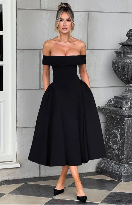 Dames Elegante schoudervrije Cocktailjurk | Midi