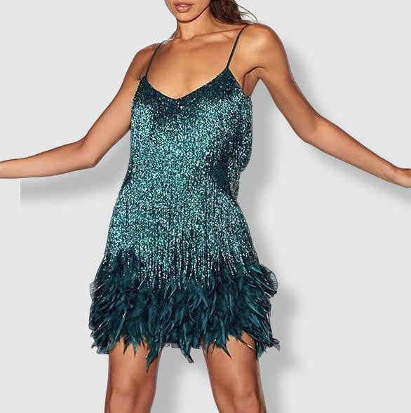 Dames Glanzende Veer Cocktailjurk | Mini