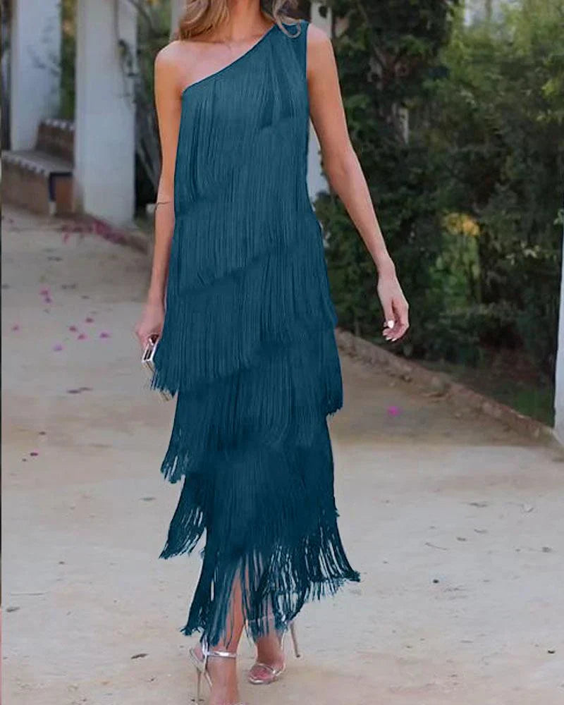 Dames Elegante avondjurk met franjes | Maxi