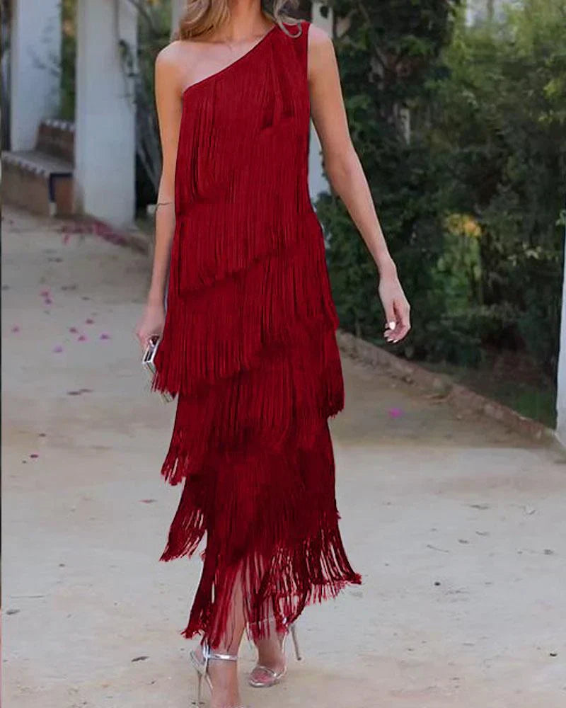 Dames Elegante avondjurk met franjes | Maxi