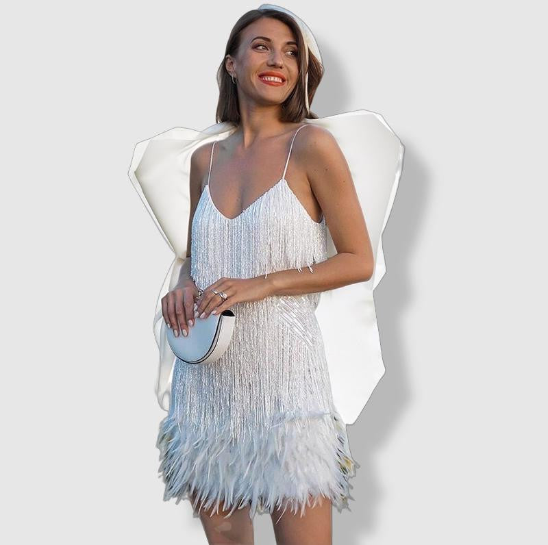 Dames Glanzende Veer Cocktailjurk | Mini