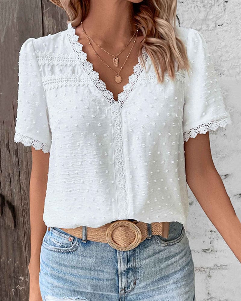 Dames Zomerse Kanten Blouse | V-hals, Kortemouw