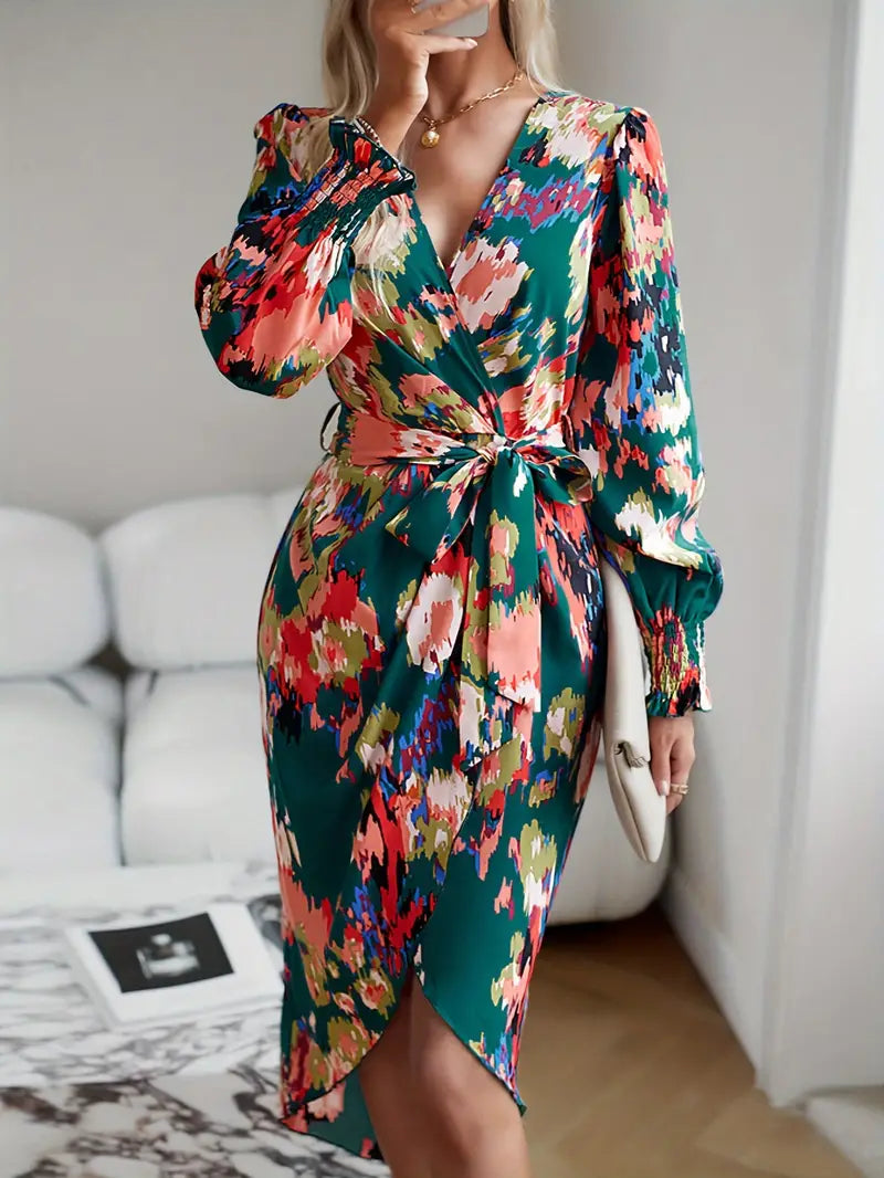 Abito midi elegante da donna con stampa floreale e incrocio