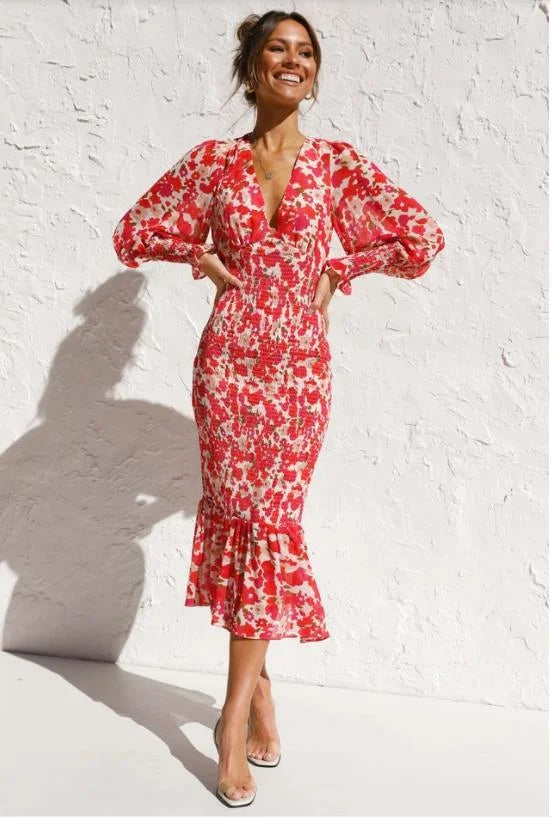 Dames Elegante zomerjurk met ruches en bloemenprint | Midi
