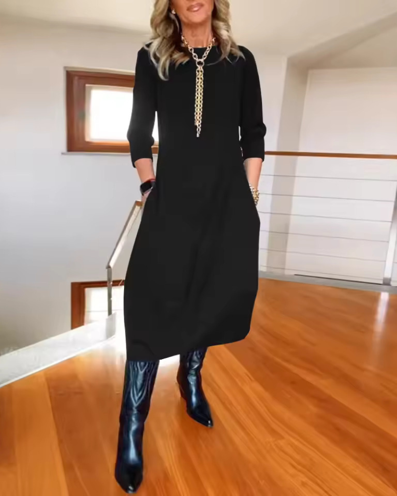 Abito elegante da donna a maniche lunghe con tasche | Midi