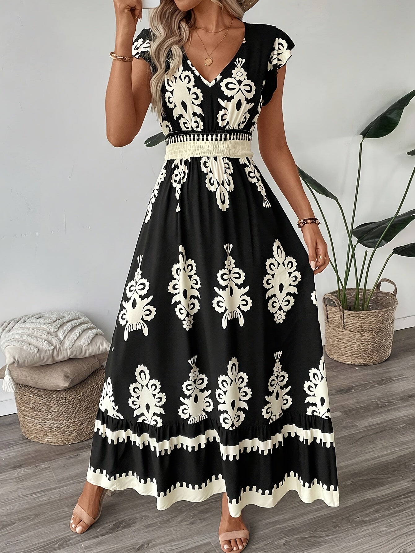 Abito estivo vintage da donna con stampa etnica | Maxi