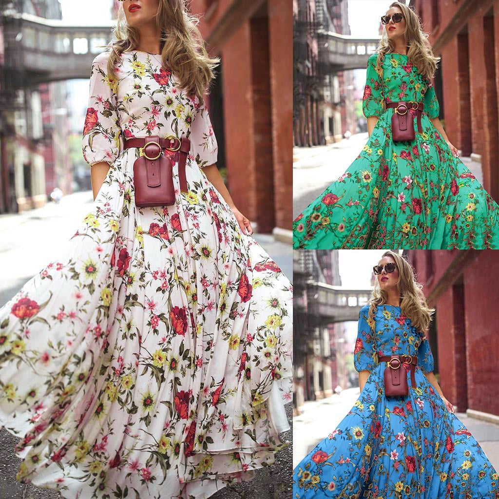 Abito estivo arioso da donna con gonna ampia e fiori | Maxi