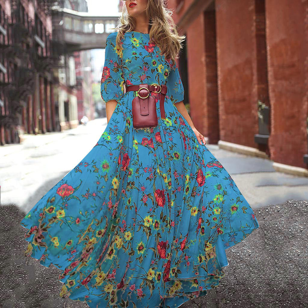 Abito estivo arioso da donna con gonna ampia e fiori | Maxi