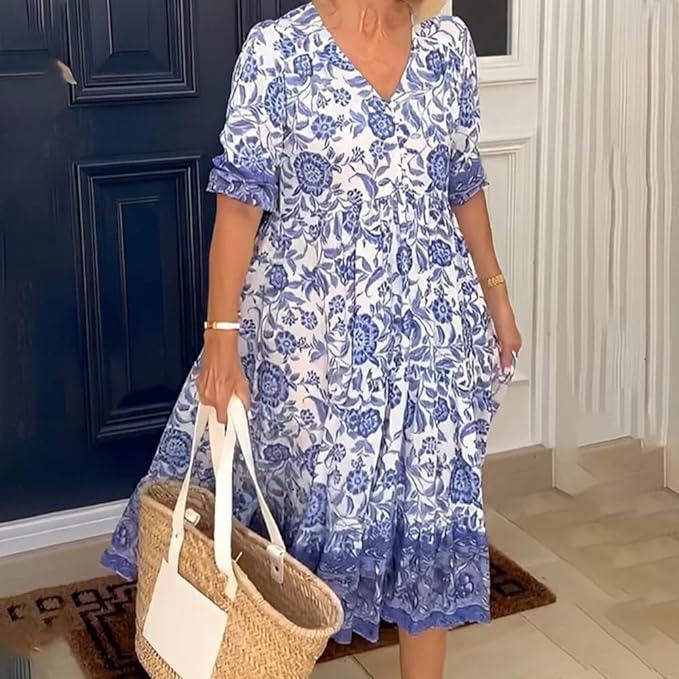 Dames Comfortabele Bloemenprint Zomerjurk | Midi
