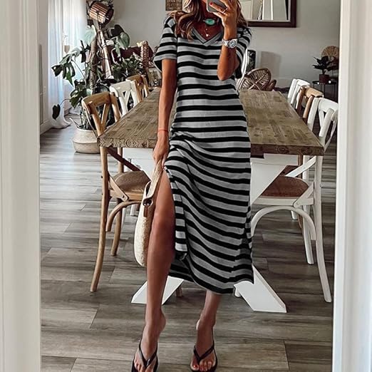 Dames Gestreepte zomerjurk met V-hals | Maxi