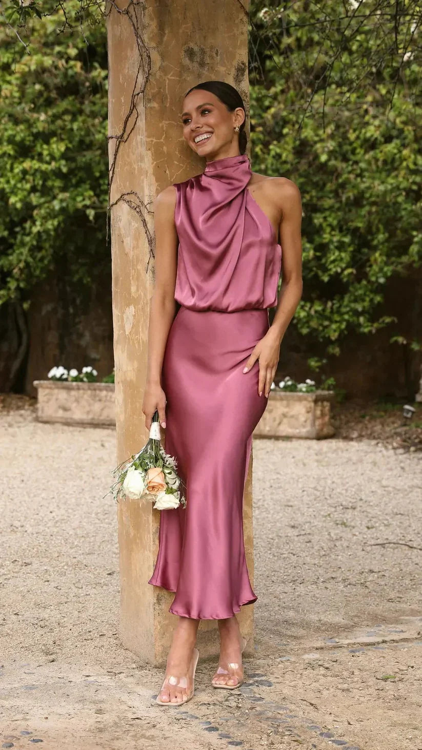 Dames Elegante satijnen avondjurk | Midi