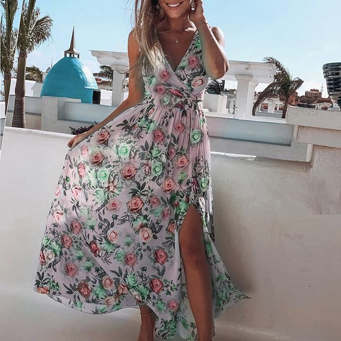 Abito estivo leggero da donna con stampa floreale e spacco alto | Maxi