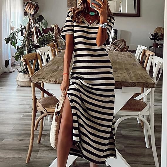 Dames Gestreepte zomerjurk met V-hals | Maxi
