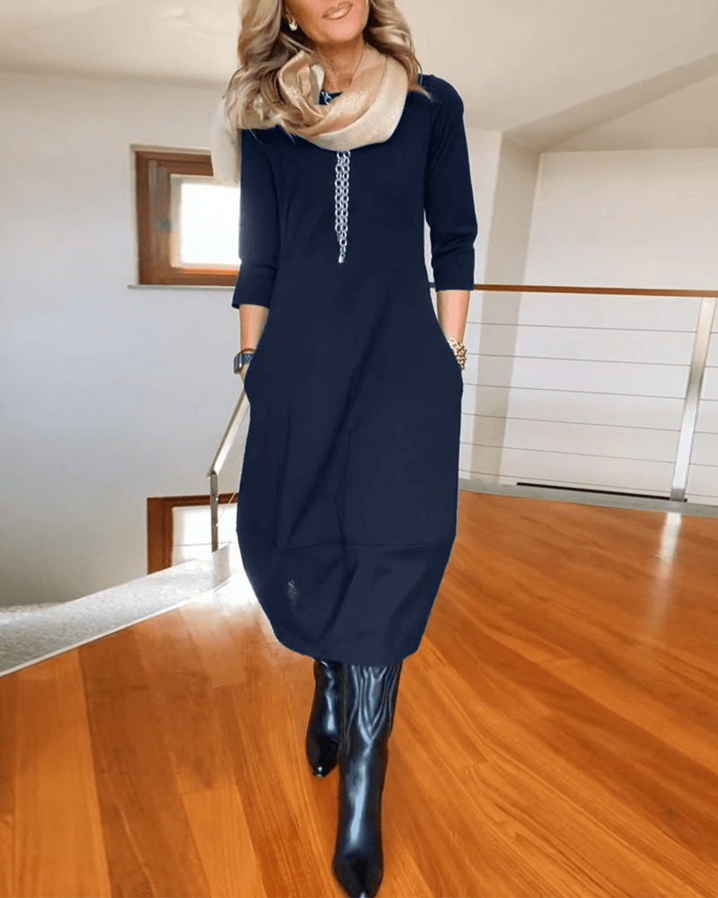 Abito elegante da donna a maniche lunghe con tasche | Midi