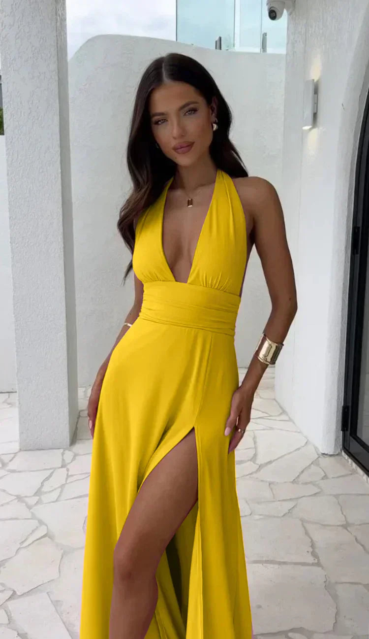 Abito estivo elegante da donna con collo all'americana e spacco alto | Maxi