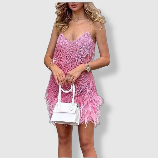 Dames Glanzende Veer Cocktailjurk | Mini