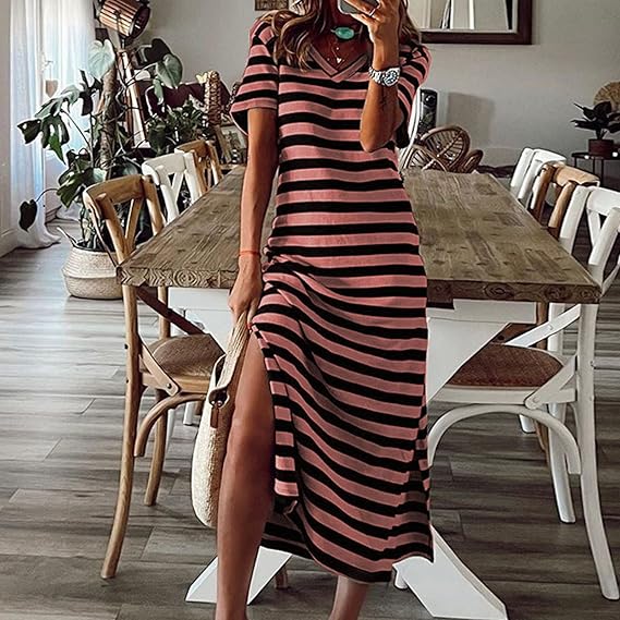 Dames Gestreepte zomerjurk met V-hals | Maxi