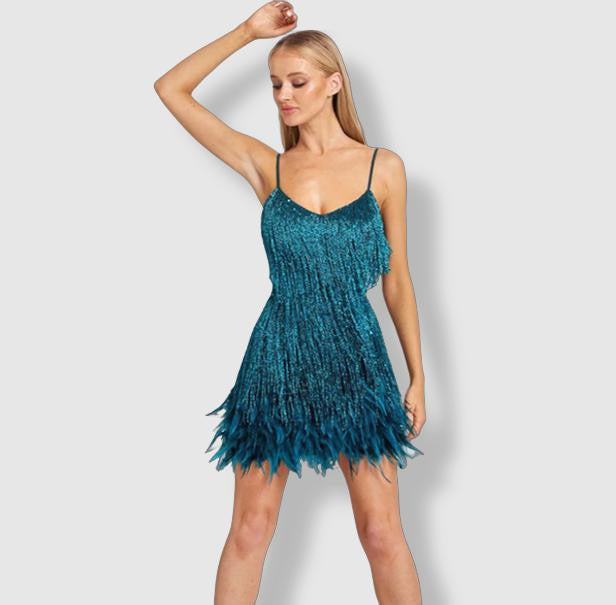 Dames Glanzende Veer Cocktailjurk | Mini