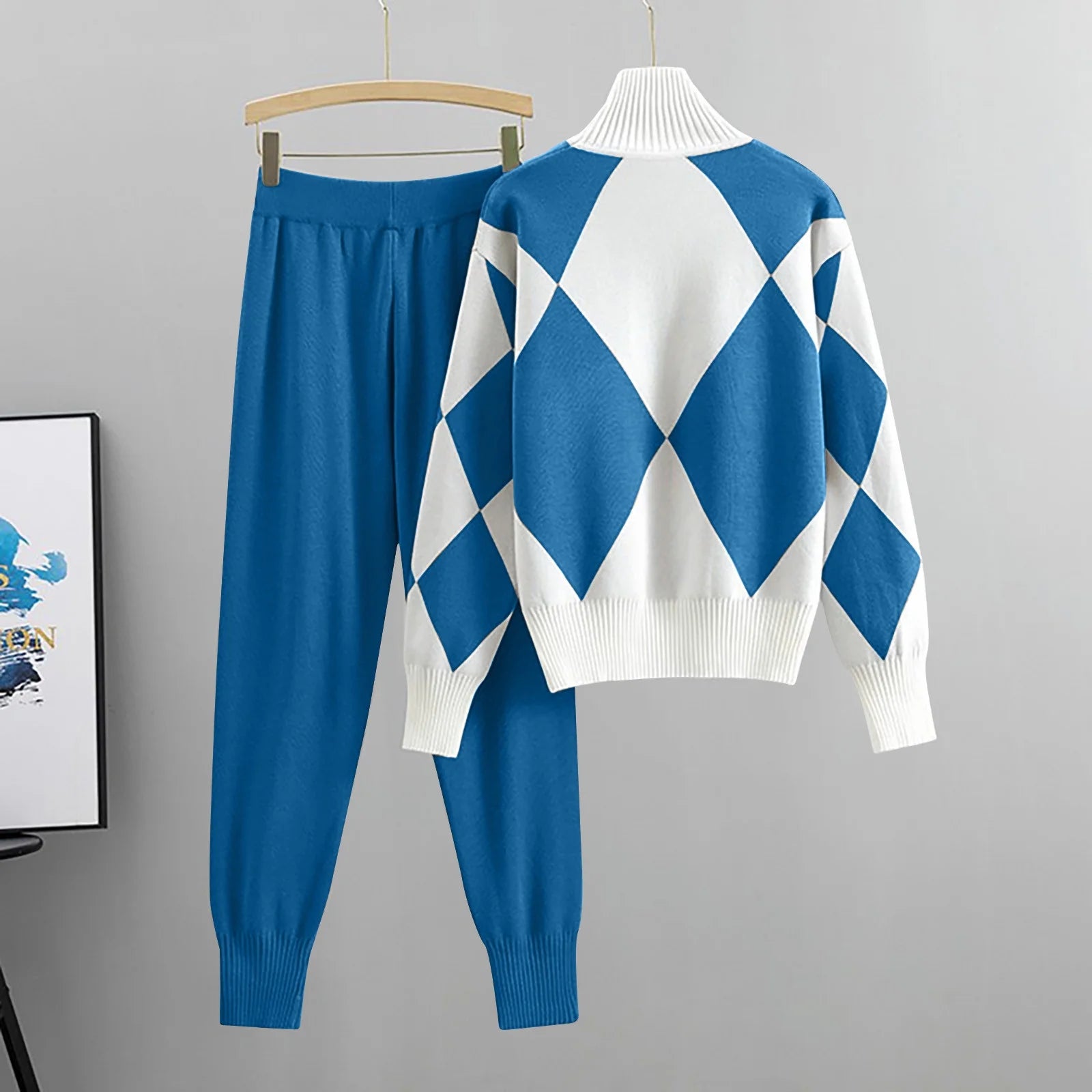 Dames gebreide argyle lounge set | Comfortabel, vintage
