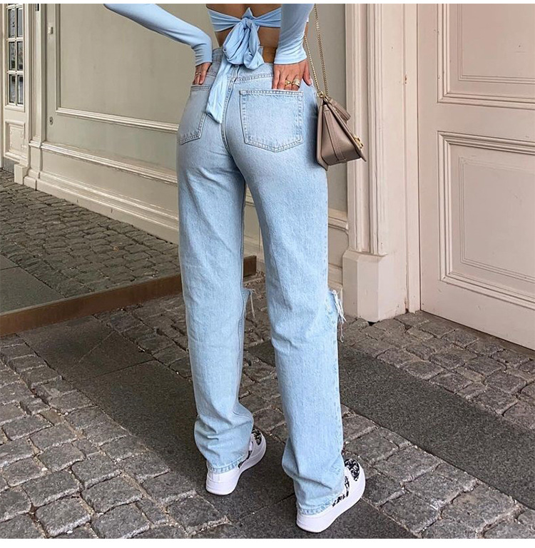 Dames Casual Rechte Jeans | Hoge Taille, Gescheurd