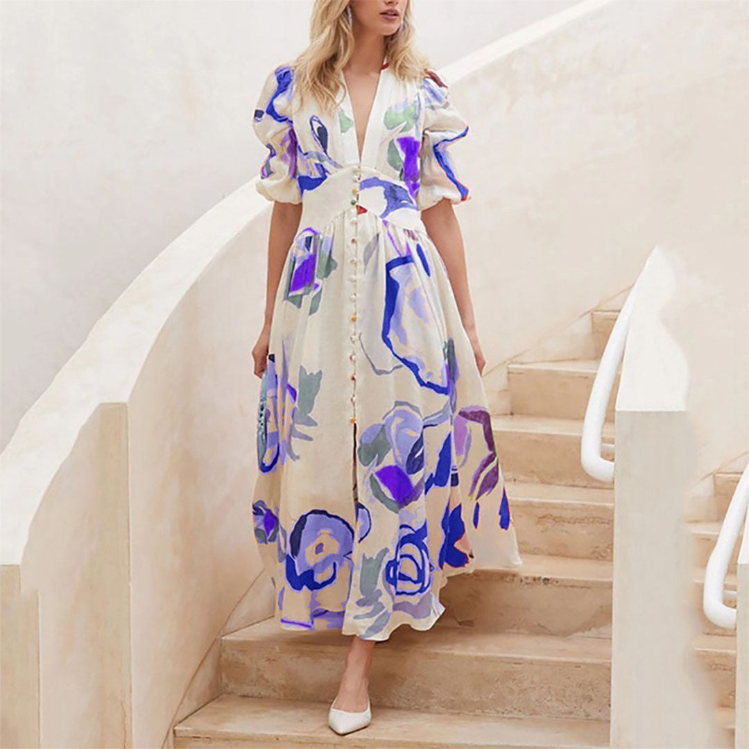 Dames Artistieke Bloemenprint Zomerjurk | Midi