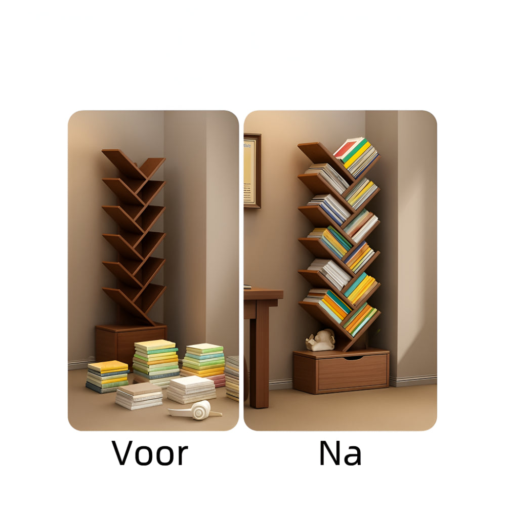 Boekenkast Hout Vrijstaand Boomvorm Zigzag Planken Woonkamer Kast