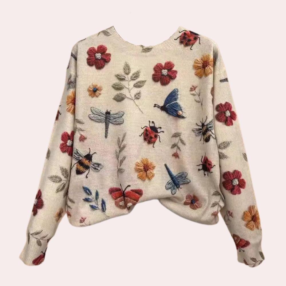 Dames Oversized Gebreide Pullover | Warm, Met Bloemenborduursel