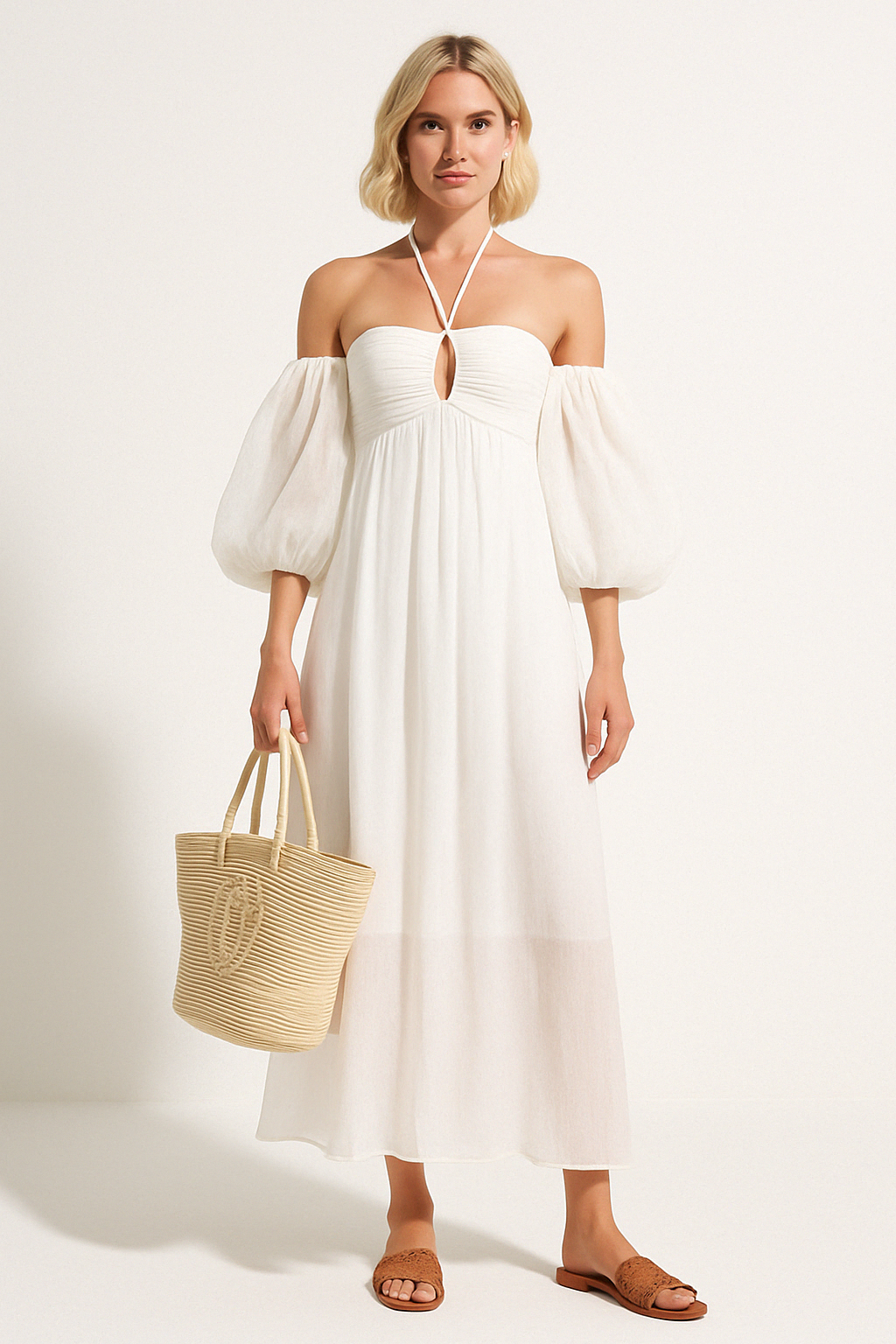 Abito estivo da donna con spalline e maniche a sbuffo | Midi