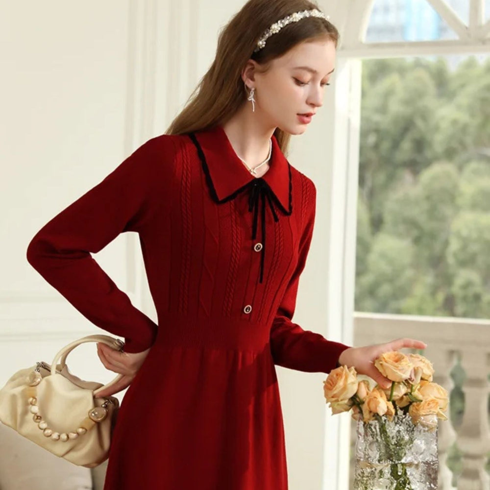 Dames Vintage Kerst Jurk - Lange Mouwen Kraag Midi