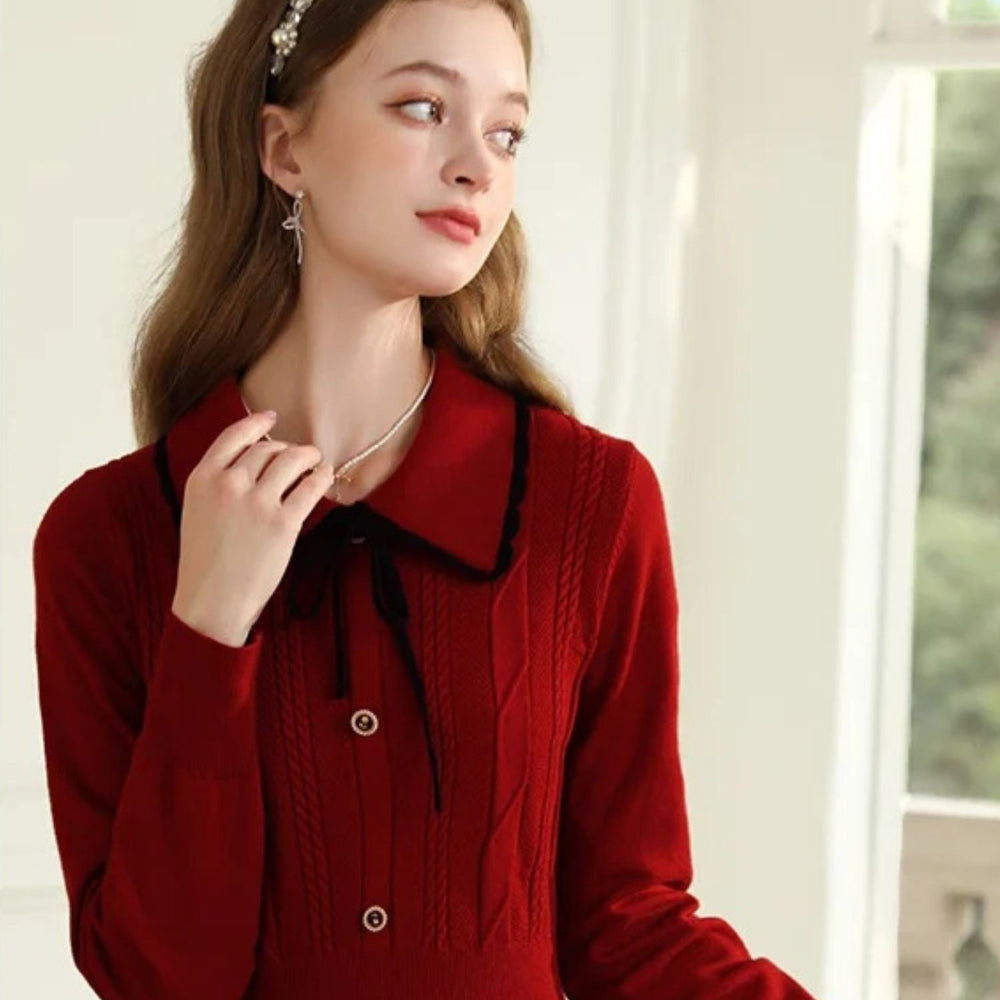 Dames Vintage Kerst Jurk - Lange Mouwen Kraag Midi