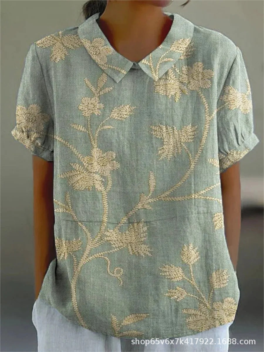 Dames Zomer Blouse | Geborduurd, Kortemouw