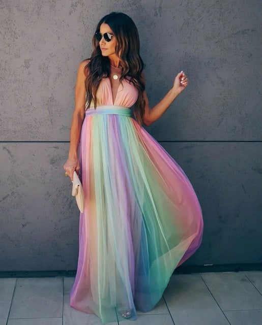 Dames Glanzende partyjurk met regenboogtule | Maxi