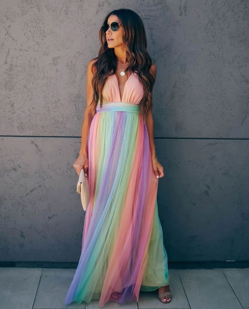 Abito da festa lucido da donna con tulle arcobaleno | Maxi