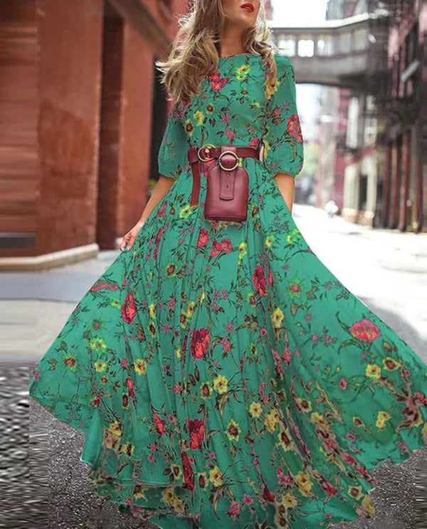 Abito estivo arioso da donna con gonna ampia e fiori | Maxi