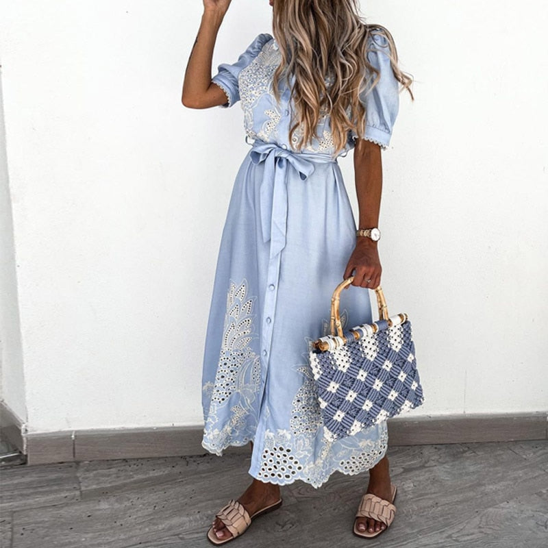 Dames Elegante geborduurde zomerjurk | Midi
