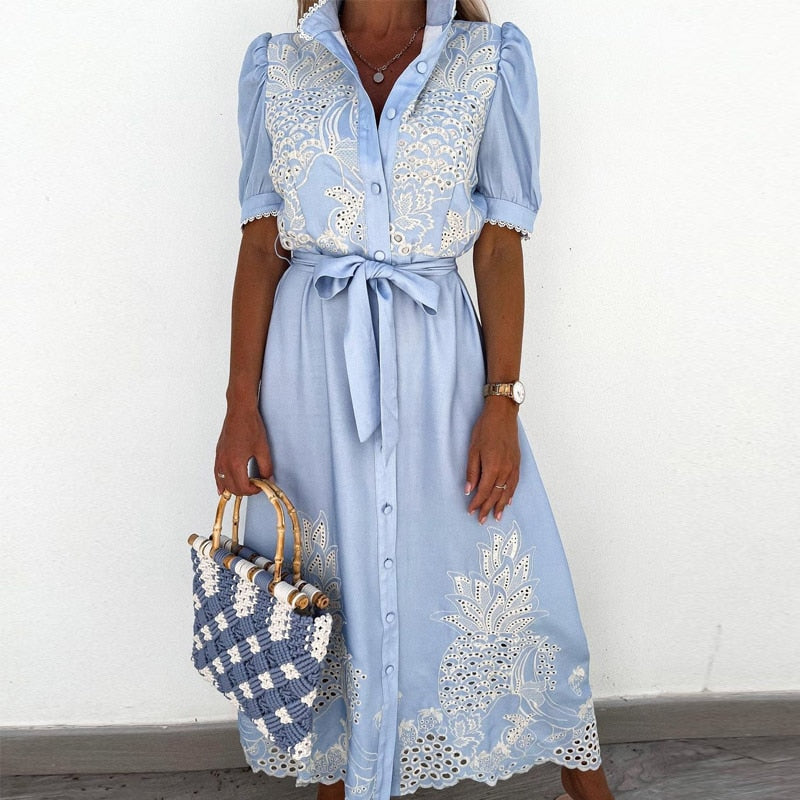 Dames Elegante geborduurde zomerjurk | Midi