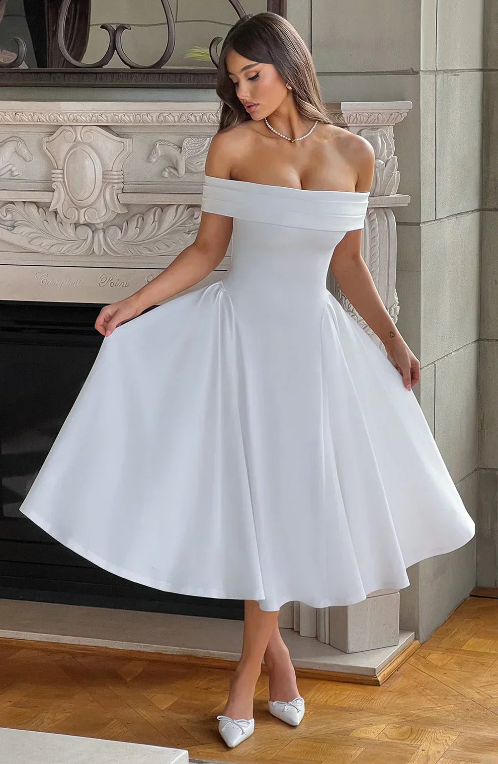 Dames Elegante schoudervrije Cocktailjurk | Midi