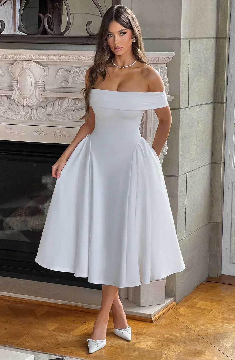 Dames Elegante schoudervrije Cocktailjurk | Midi