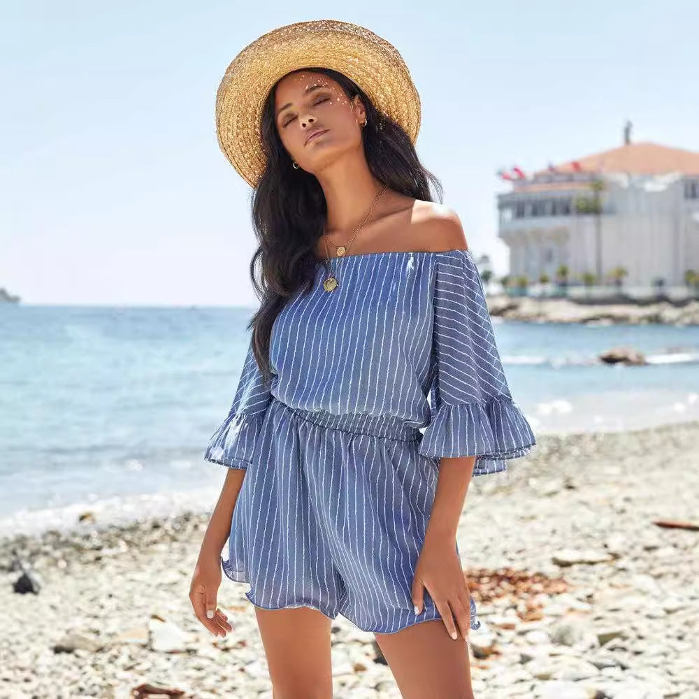 Dames Off-shoulder gestreepte zomerjurk | Mini