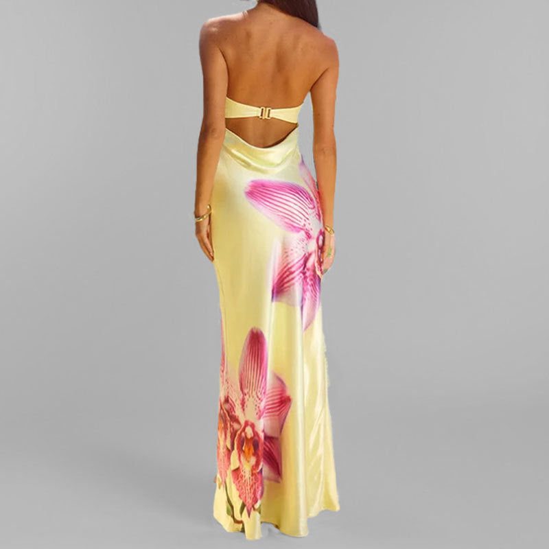 Dames Satijnen Orchideeprint Avondjurk | Maxi