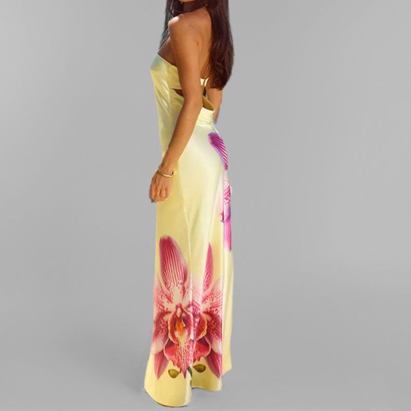 Dames Satijnen Orchideeprint Avondjurk | Maxi