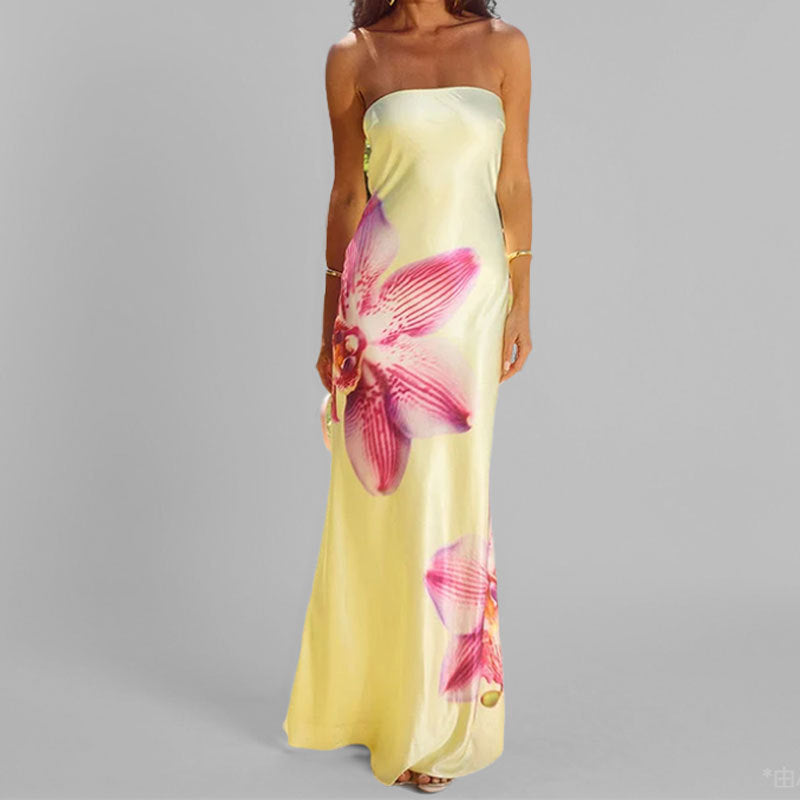 Dames Satijnen Orchideeprint Avondjurk | Maxi