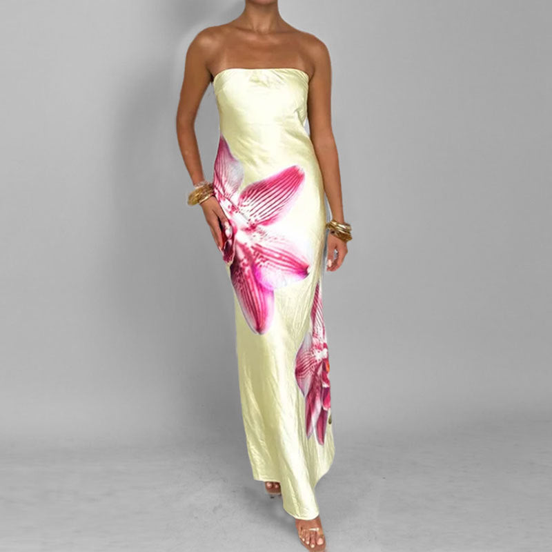 Dames Satijnen Orchideeprint Avondjurk | Maxi