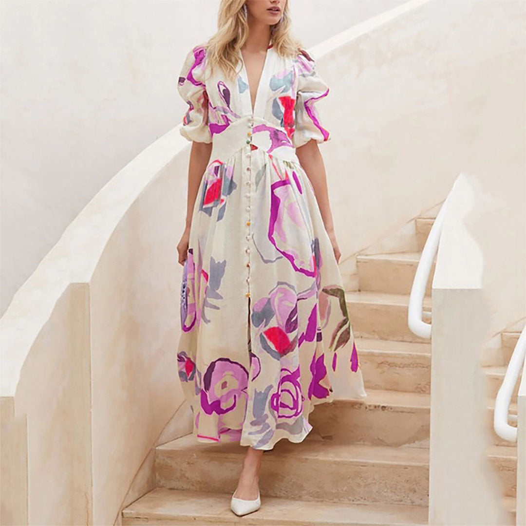 Dames Artistieke Bloemenprint Zomerjurk | Midi