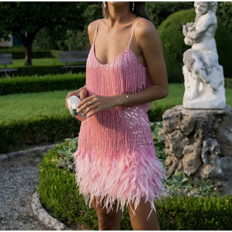 Dames Glanzende Veer Cocktailjurk | Mini