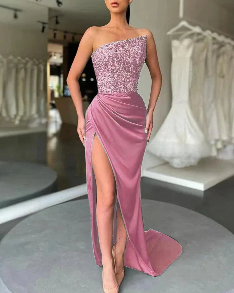 Dames Satijnen Glitter Avondjurk | Maxi