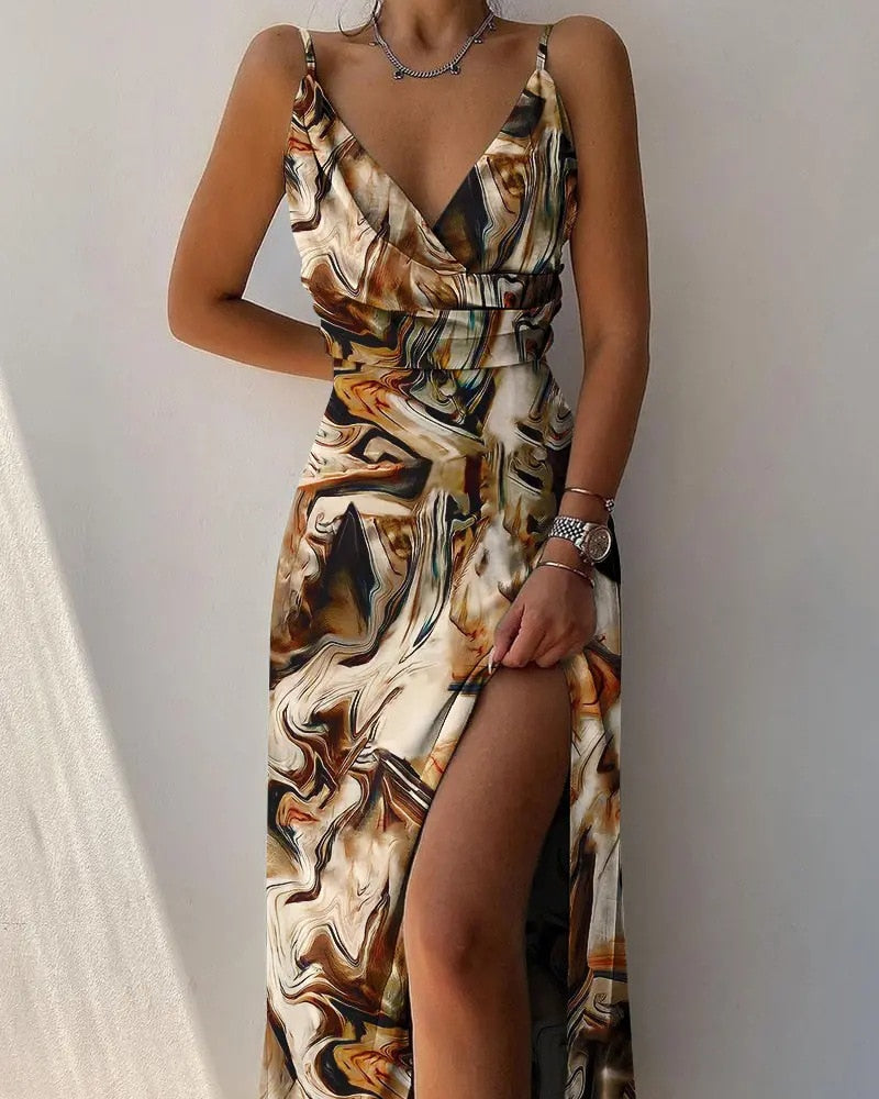 Abito estivo elegante da donna con effetto marmo e spacco alto | Maxi