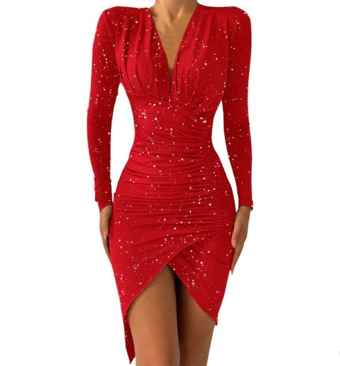 Dames Glanzende Ruche Avondjurk | Mini