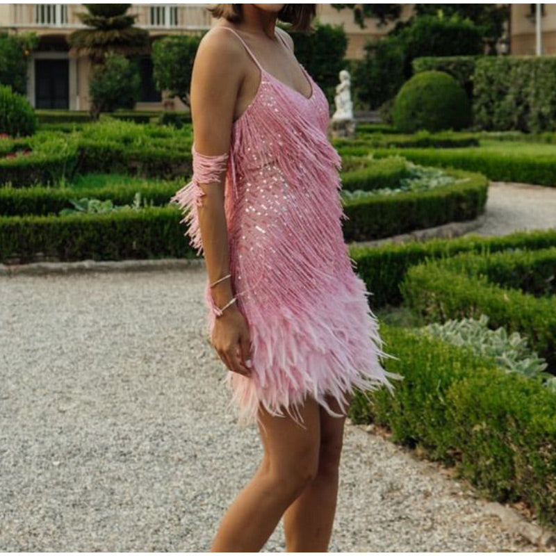 Dames Glanzende Veer Cocktailjurk | Mini