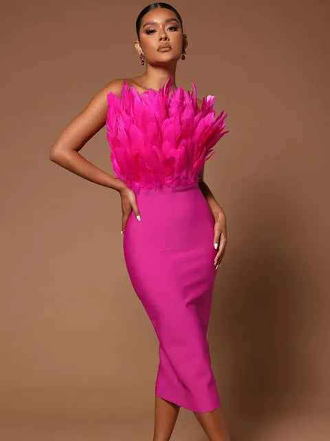Dames Gala avondjurk met veren | Midi